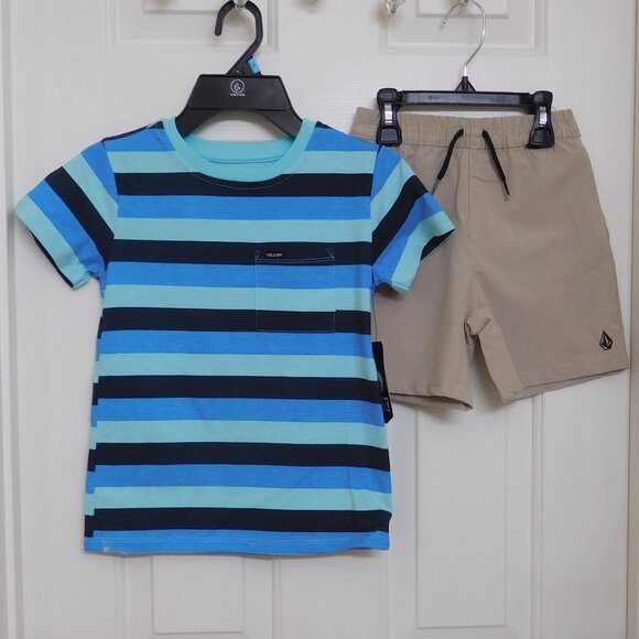 NWT 2pc Volcom Blue Striped Shirt & Beige Shorts Set sz 5 - Picture 1 of 1